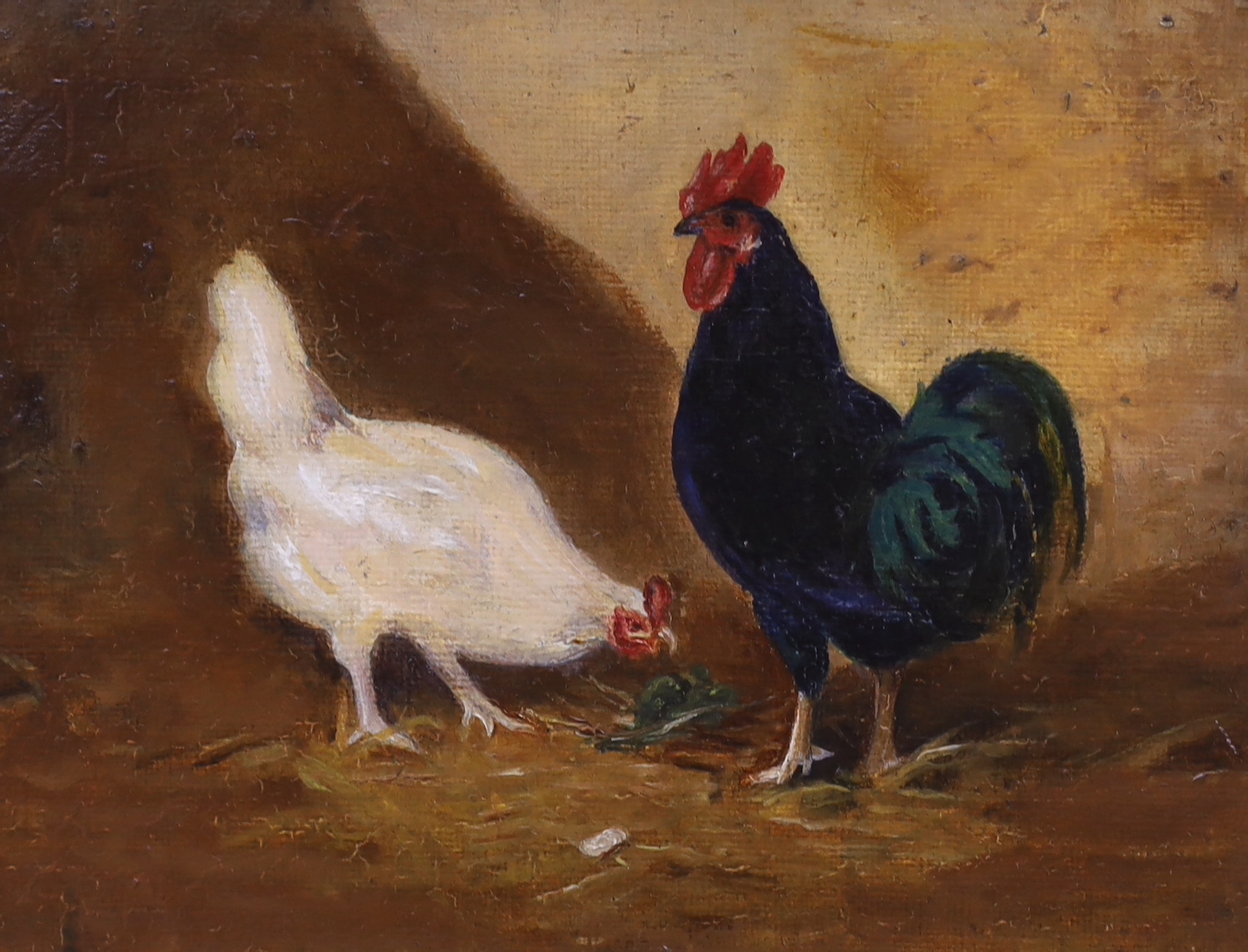 English School, early 20th century, a pair of oils on board, hens, 15 x 20.5cm